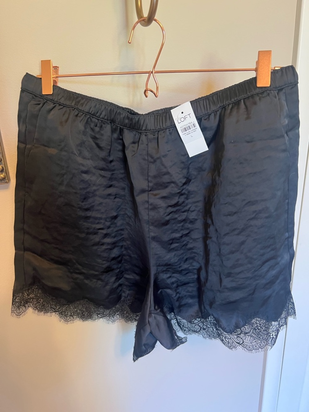 LOFT Black Satin Lace-Trim Shorts